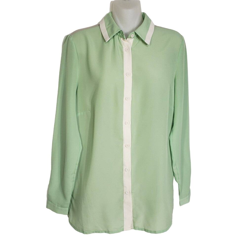 Forever 21 Exclusive Womens Blouse Sz Small Sheer Button Front Long Sleeve Green
